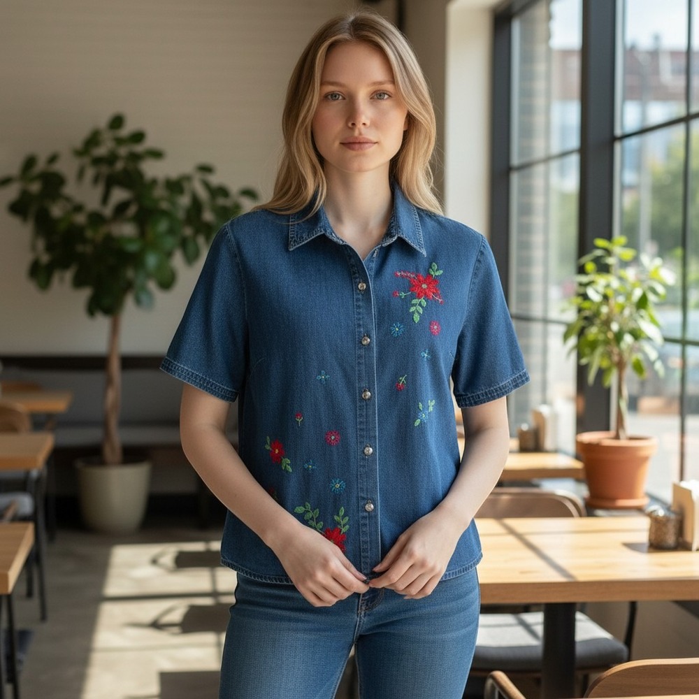 Studio Ease Womens Embroidered Floral Denim Shirt Short Sleeve Button Up Blue XL